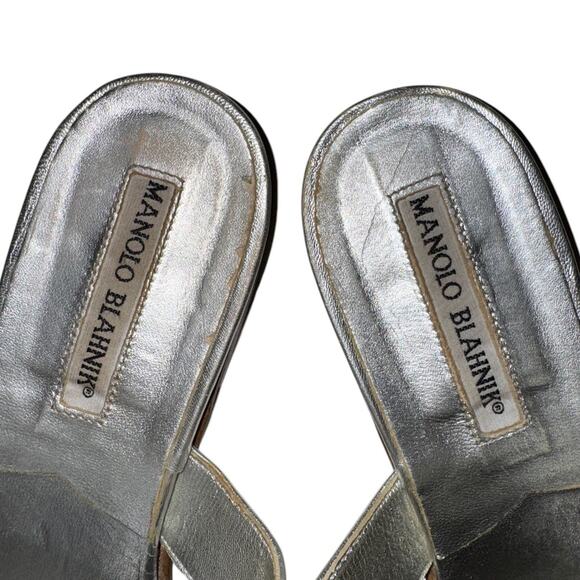 Manolo Blahnik Susa Silver Leather Flat Strappy Thong Sandal Size 37.5 - Picture 15 of 16